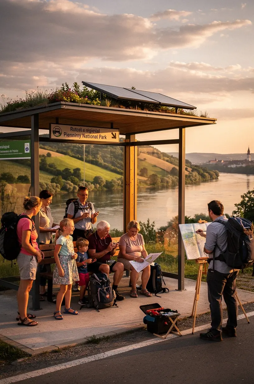 Pár turistov s batohmi čaká na vlak, ktorý ich odvezie do prírodnej rezervácie bez potreby automobilu.